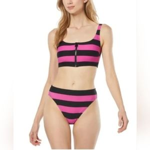 Michael Kors Zip-Front Bikini Set Small NWT Black Pink Striped Bikini $118 Swim
